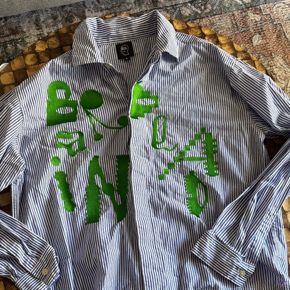 Brain Dead Tops - Brain Dead Blue and Green Striped Button Down Shirt